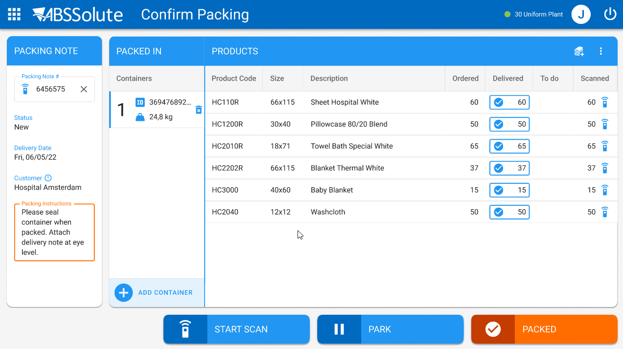 Confirm Packing screen in ABSSolute Infinity