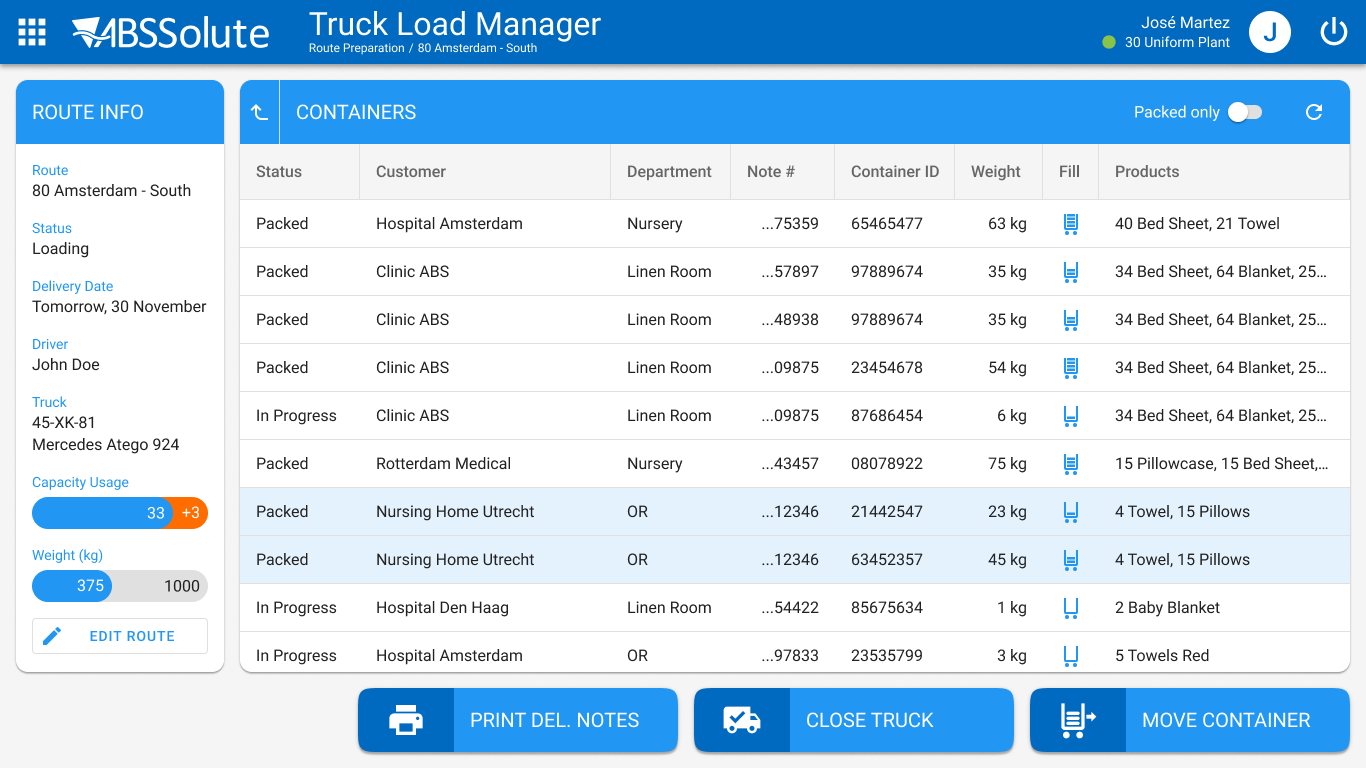 Truck Load Manager screen